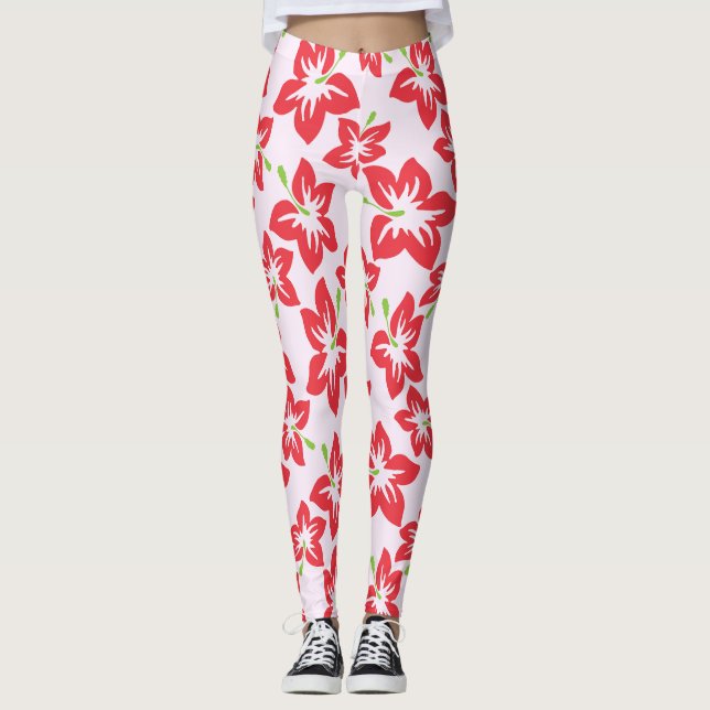 Röd hibiskus, röda blommor, blommönster leggings (Framsida)
