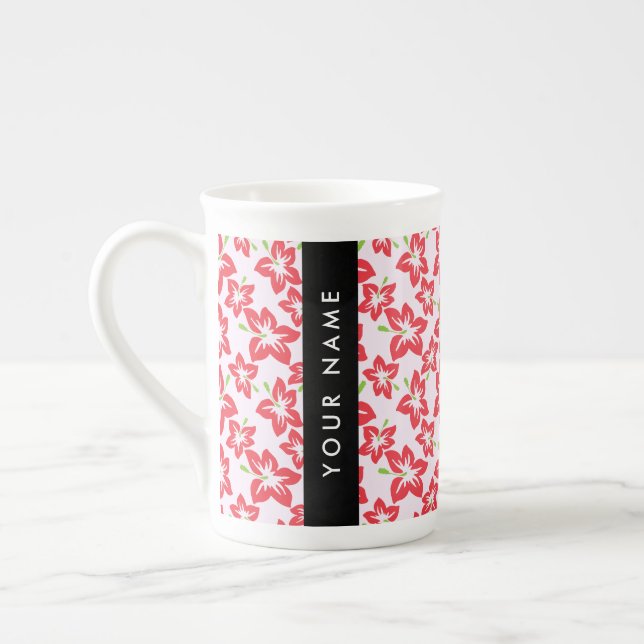 Röd Hibiskus, Röda Blommor, Ditt Namn Benporslin Mugg (Vänster)