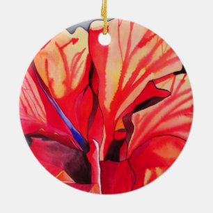 Röd hibiskus tropisk blomma akvarell konst julgransprydnad keramik