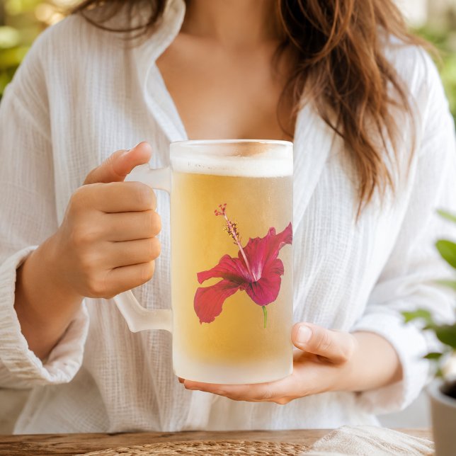 Röd Hibiskusblomma Sidovy Frostat Ölglas (Red Hibiscus Flower Side View Frosted Glass Beer Mug)