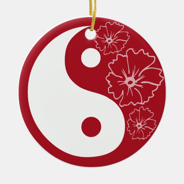 Röd hibiskusblomma Yin Yang Julgransprydnad Keramik (Framsidan)