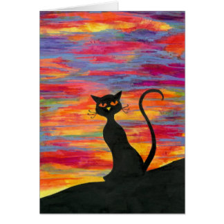 Röd himmel på natten, katt fröjd hälsningskort
