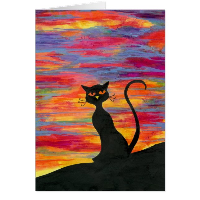 Röd himmel på natten, katt fröjd hälsningskort (Framsidan)