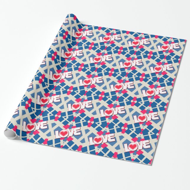 Röd hjärlek geometrisk mönster presentpapper (Utrullad)