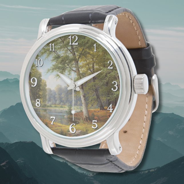 Röd hjort vid skogsdammen armbandsur (Skapare uppladdad)