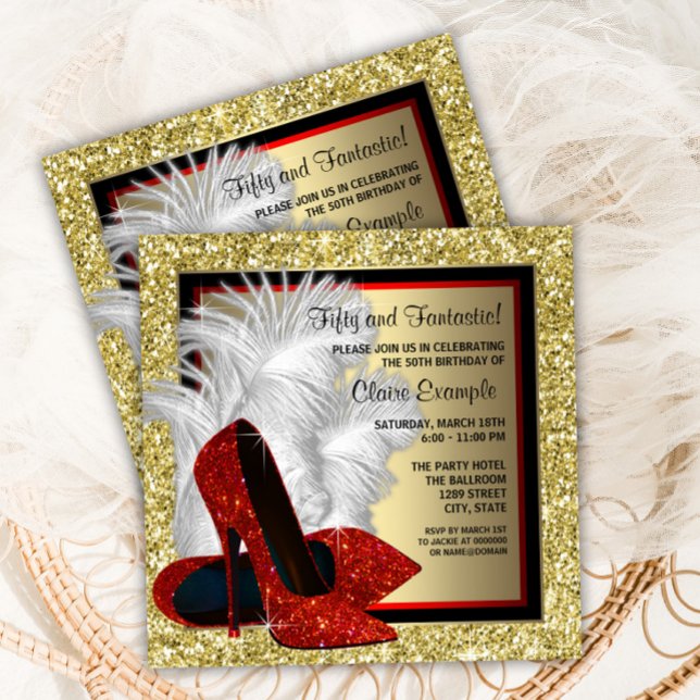 Röd högnivåvisning - valfri Födelsedagsfest Inbjudningar (Elegant red, black and gold high heel shoe any event invitation. All text can be changed.)