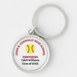 Röd högstadie Softballspelare Personlig Rund Silverfärgad Nyckelring