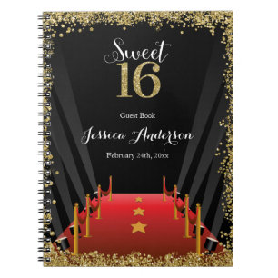 Röd Hollywood-glitter Sweet 16-gästbok Anteckningsbok