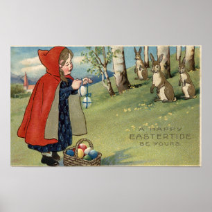 Röd Hooded flicka som räcker ägg till kaniner Poster