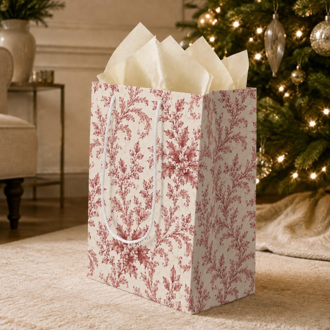 Röd höstfärgning elegant grönska (Elegant red foliage gift bag adds vintage botanical charm to Christmas presents.)