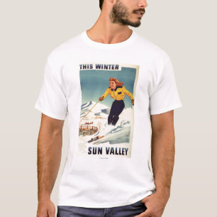 Röd-hövdad kvinna som ler och skidar affischen t-shirt