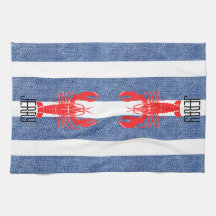 Röd hummer på blå vita denim-ränder