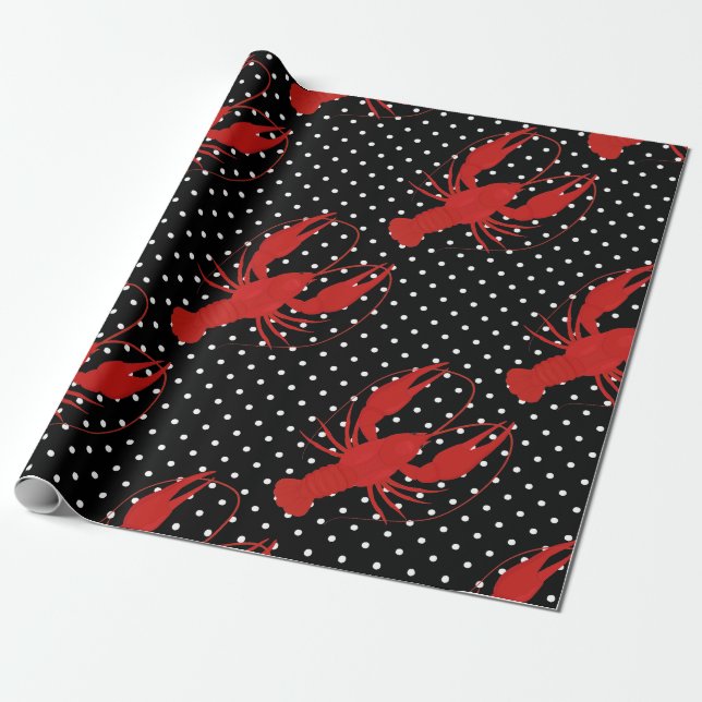röd hummer polka dots svart presentpapper (Utrullad)