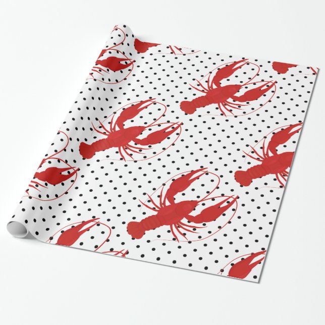 röd hummer polka dots vit presentpapper (Utrullad)