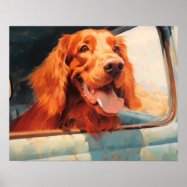 Röd hund i klassisk lastbil fönster konsttryck poster (Framsidan)