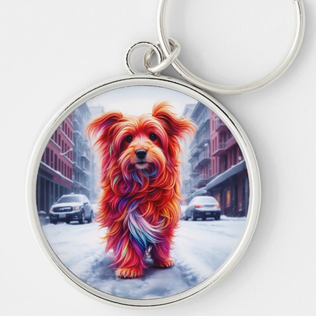 Röd hund som går ner på vintergatan rund silverfärgad nyckelring (Framsidan)