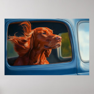 Röd hund som njuter av en naturskön bilutflykt Kon Poster