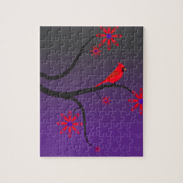 Röd huvudsaklig fågel i ett träd på purpurfärgad pussel (Vertikal)