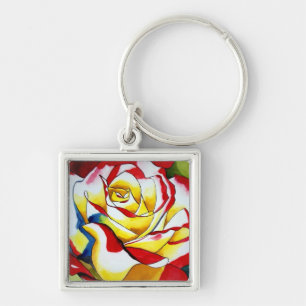 Röd hybrid Tea Ro, vattenfärg Flower Fyrkantig Silverfärgad Nyckelring