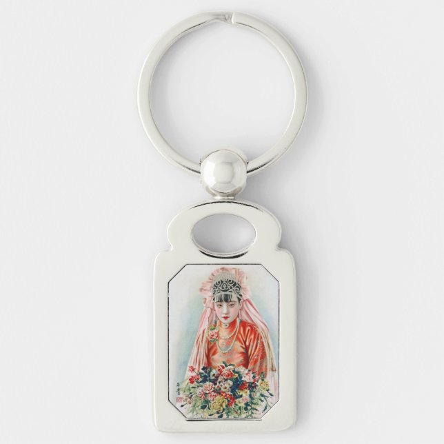 Röd i kinesiska Bröllop i Shanghai Rektangulärt Silverfärgad Nyckelring (Framsidan)