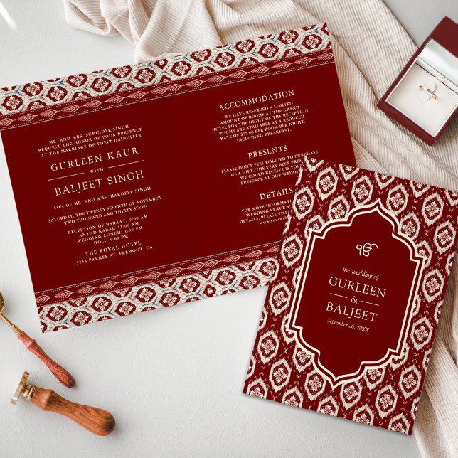 Röd Ikat All in One Anand Karaj Sikh Bröllop Inbjudan (Skapare uppladdad)