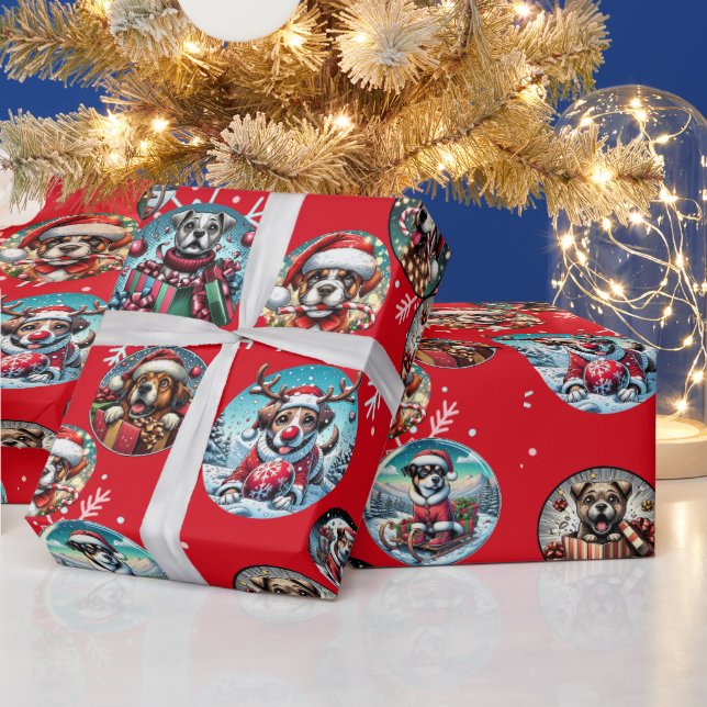Röd illustrativ snöflake och hundar julklapp presentpapper (Helgdagar)