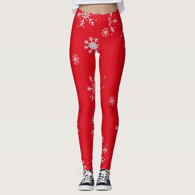 Röd illustrativ snöflinga vit leggings (Framsida)