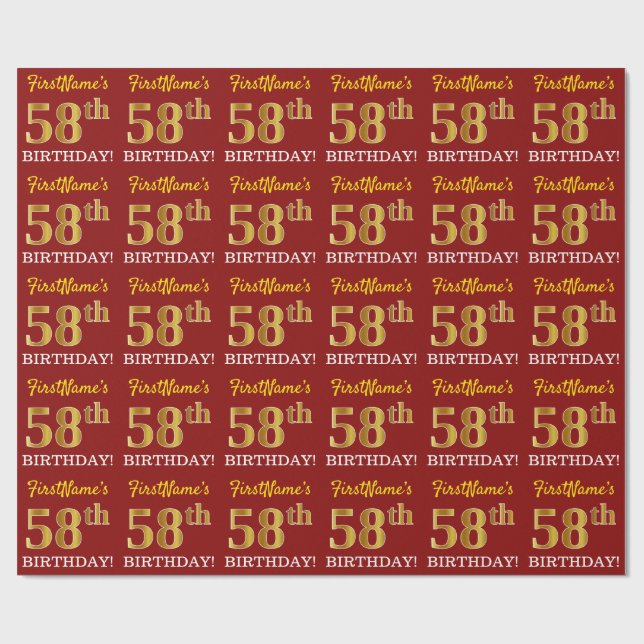 Röd, imitation guld look "58:e FÖDELSEDAGEN" Presentpapper (Platt)