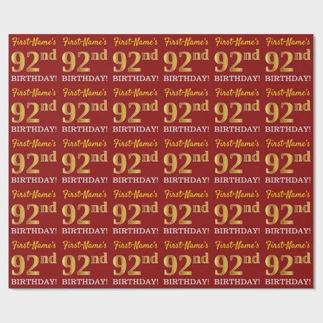 Röd, imitation guld look "92:e FÖDELSEDAGEN" Presentpapper (Platt)
