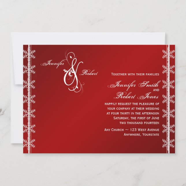 Röd inbjudan för bröllop för vitSnowflakevinter (Framsida)