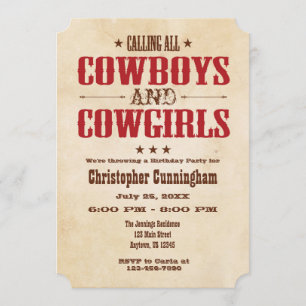 Röd inbjudan för vintageCowboyfödelsedag