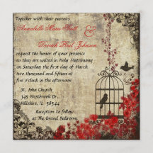 Röd inbjudan för vintagefågelburbröllop