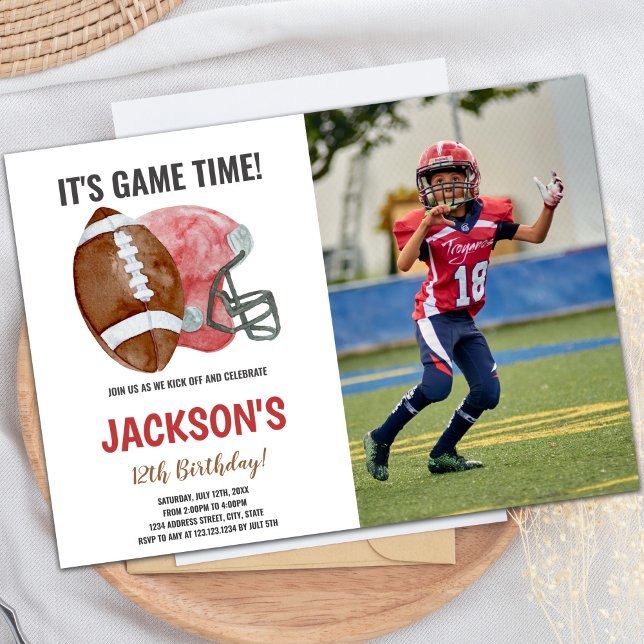 Röd inbjudan till fotboll på födelsedagen med foto (Red Brown Football Birthday Invitations with photo)
