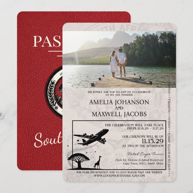 Röd inbjudan till South Afrika Passport Wedding (Fram/baksida)