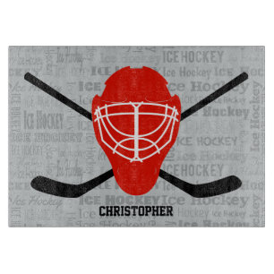 Röd ishockeyhjälm- och pinnetypografi