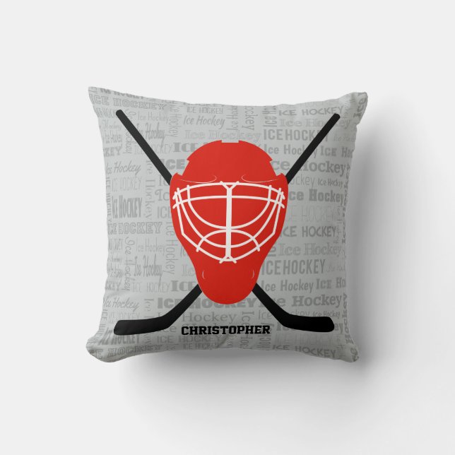 Röd ishockeyhjälm- och pinnetypografi kudde (Framsida)