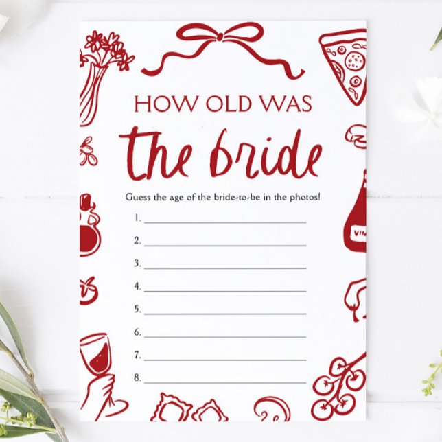Röd Italiensk Handritad Hur Gammal Var Bruden Lek Inbjudningar (Red Italian Hand Drawn How Old Was The Bride Game )