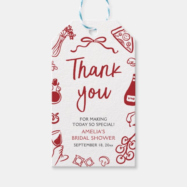 Röd Italiensk Handritad Pizza Pasta Bröllopsdusch Presentetikett (Framsidan)
