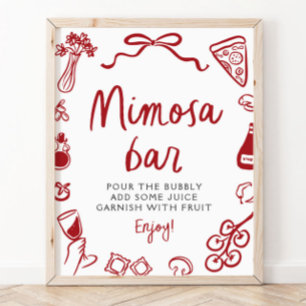 Röd italiensk handritad pizza pasta mimosa barskyl poster