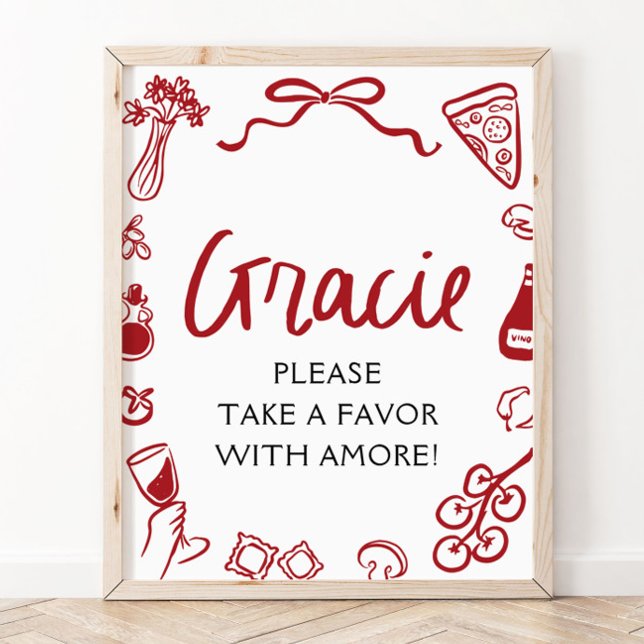Röd italiensk handritad pizza pastafavor skylt (Red Italian Hand Drawn Pizza Pasta Favors Sign)