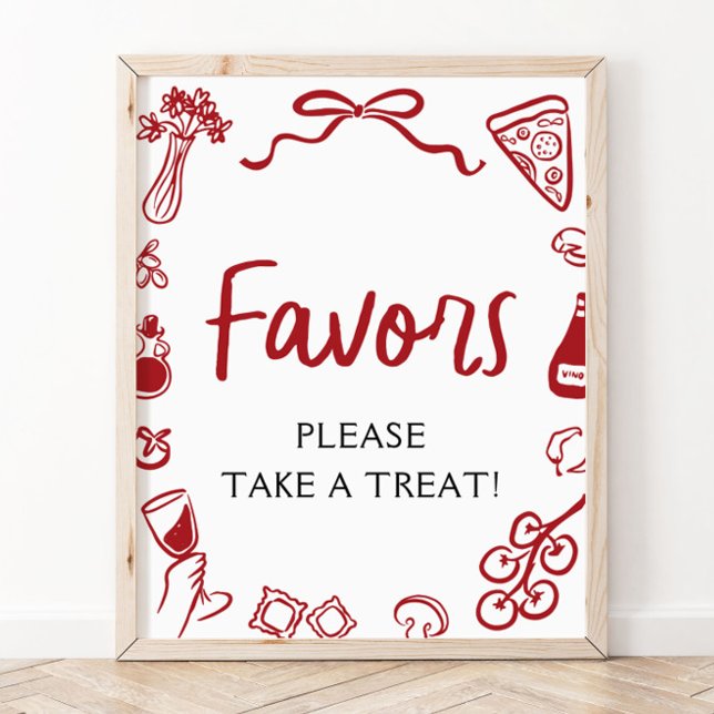 Röd italiensk handritad pizza pastafavor skylt (Red Italian Hand Drawn Pizza Pasta Favors Sign)