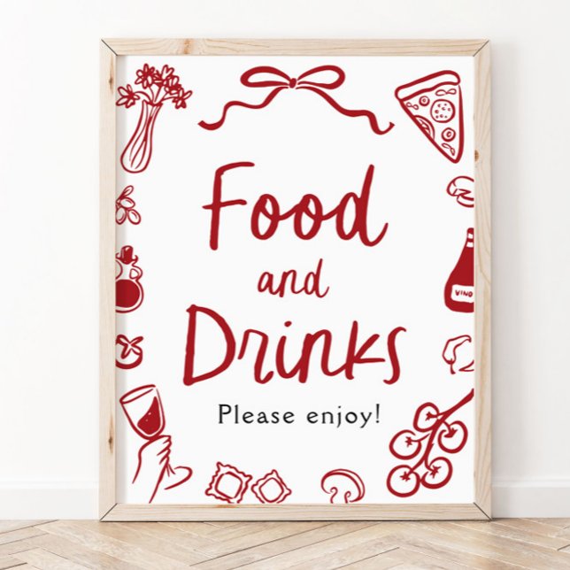 Röd italiensk handritad skylt för mat och dryck (Red Italian Hand Drawn Food and Drinks Sign)