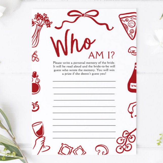 Röd italiensk handritad "Vem är jag" bröllopsdusch Inbjudningar (Red Italian Hand Drawn Who Am I Bridal Shower Game)