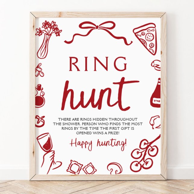 Röd italiensk pastaringjakt bröllopsduschspel poster (Red Italian Pasta Ring Hunt Bridal Shower Game)