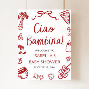 Röd Italiensk Söt Ciao Bambina Baby Shower Välkomm Poster