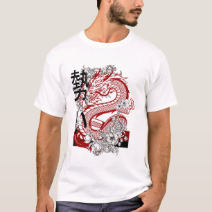 Röd japansk grafisk t-shirt med drakmotiv, kantig 