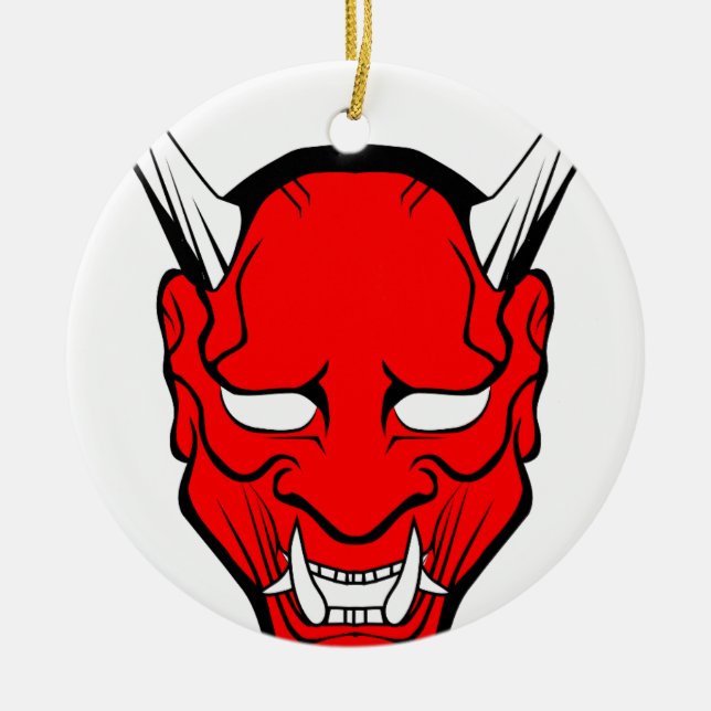 Röd japansk Hannya-mask Julgransprydnad Keramik (Framsidan)