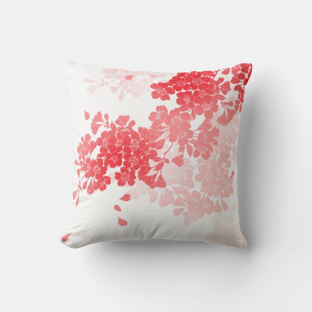 Röd japansk konst & rosan blommar blommigt utomhuskudde (Framsida)