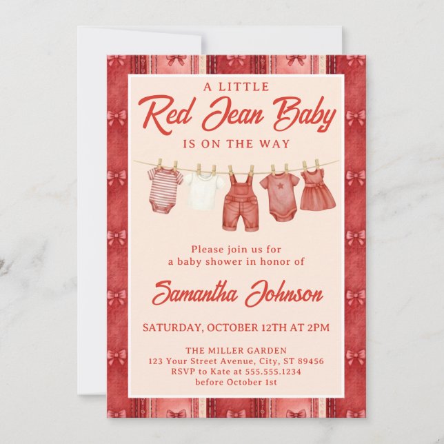 Röd Jean Baby Shower Inbjudningar (Framsida)