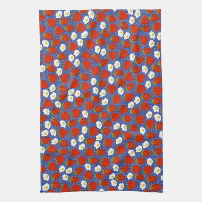 Röd jordgubbe med marinblå vit flätad bakgrund kökshandduk (Vertikal)